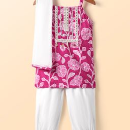 Teentaare Cotton Woven Sleeveless Floral Printed Kurti Salwar Set with Dupatta - Dark Pink-image-7