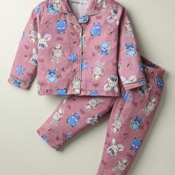 Doreme Cotton Knit Full Sleeves Co-Ord Night Suit With Floral Print - Pink-image-33