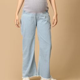 The Mom Store Denim Woven Solid Wide Leg Maternity Jeans With Belly Support - Blue-image-2