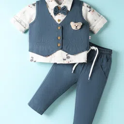 WOW Muslin Knit Full Sleeves Solid Coloured 3 Piece Party Suit With Vehicle Applique - Light Blue & Yellow-picture-27