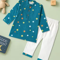 Desi Soota Cotton Woven Full Sleeves Stars Printed Kurta & Pyjama Set - Teal Blue-picture-14