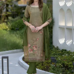 Moss Green Embroidered Tissue Kurta Set with Viscose Dupatta-24