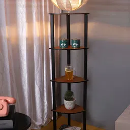 Devansh Beige Bamboo Rose Wooden Abstract Shaped Floor Lamp With Shelves-7