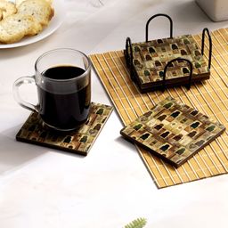 DULI Brown & Maroon 4 Pieces Printed Wooden Square Coasters With Stand-image-40