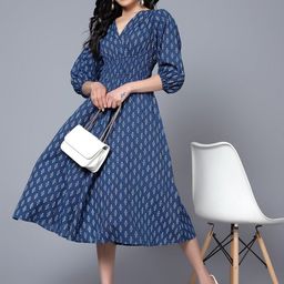 Raiyani Fashion Women Floral Printed Puff Sleeves V-Neck Fit & Flare Midi Dress-image-81