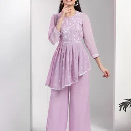 Sangria Girls Lavender Floral Embroidered Round Neck Georgette A-Line Kurta With Palazzos-image-51