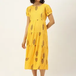 Nejo Floral Print Puff Sleeves Pure Cotton Maternity A-Line Midi Dress-image-11