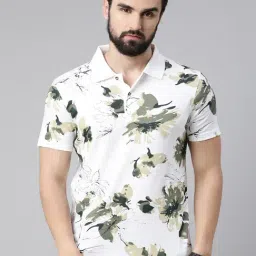 Kryptic White & Olive Regular Fit Printed Cotton Polo T-Shirt-image-103