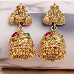 KARATCART Gold-Plated Dome Shaped Artificial Stones Studded Laxmi Mata Jhumkas-image-37