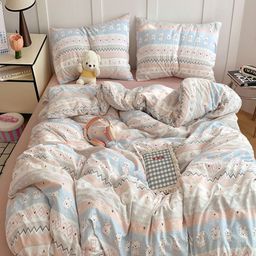 JC HOME Pink & Blue 4 Pieces Printed Double Queen Bedding Set-image-77