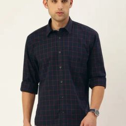 Burnt Umber Navy Regular Fit Check Shirt-image-93