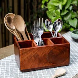 Home4U Mahogany Brown Wood Cutlery Holder-47