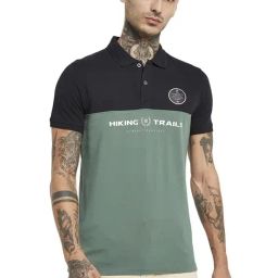 Octave Forest Green Cotton Regular Fit Colour Block Polo T-Shirt-image-90