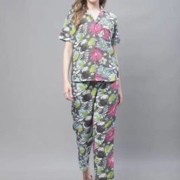 TAG 7 Grey & Sky Blue Cotton Floral Print Shirt Pyjama Set-14