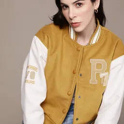 The Roadster Lifestyle Co. Solid Applique Detailed Drop-Shoulder Sleeves Varsity Jacket-picture-18