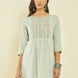 Soch Sap Green Rayon Floral Embroidered Round-Neck Tunic-image-127