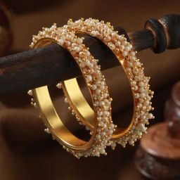 Aatmana White Pearl Beaded & Gold-Plated Bangles for Women (Set of 2) - 2.8-4