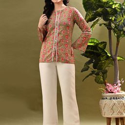 Sangria Floral Printed Cotton Top With Lace-Detail-image-49