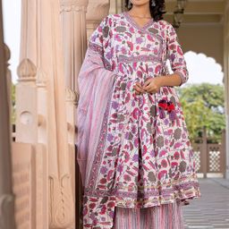 KALINI Floral Printed Angrakha Pure Cotton A-Line Kurta With Palazzo & Dupatta-12