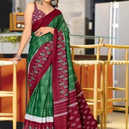 Green Olive Soft Cotton Block Print Saree with Unstitched Blouse Piece-picture-28