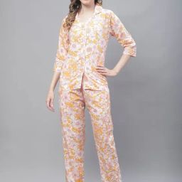 TAG 7 Orange Cotton Floral Print Shirt Pyjama Set-picture-15