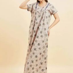 Sweet Dreams Grey Cotton Floral Print Night Gown-image-44