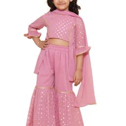 AJ Dezines Kids Dusty Pink Printed Kurta, Sharara & Dupatta-image-23