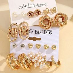 GOLDIWALA Set Of 11 Gold Plated Pearls Beaded Contemporary Half Hoop Earrings-54