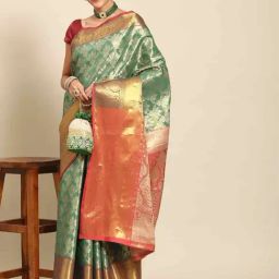 Silk Land Teal Green Woven Saree With Unstitched Blouse-image-71