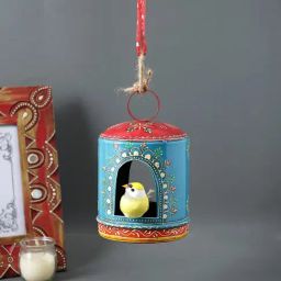 Aapno Rajasthan Hand-painted Blue & Red Metal Handcrafted Bird House-image-8