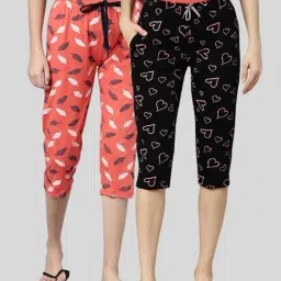 Kryptic Coral & Black Elasticated Waist Band Relaxed Fit Printed Cotton Capris - Pack of 2-image-23