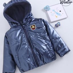 Babyoye Full Sleeves Spaceship Patched Winter Wear Hooded Jacket - Blue-13