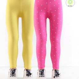 Honeyhap Premium Super Soft & Stretchable Biowashed Full Length Solid N Placement Print Leggings Pack Of 2 - Lemon Zest Carmine Rose-image-2