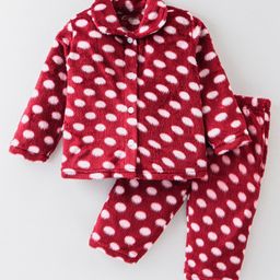 Kanvin Supersoft Extra Warm Velour Full Sleeves Winter Night Suit With Polka Dots Print - Maroon-image-85