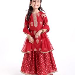 Babyhug Three Fourth Sleeves Foil Printed Long Kurta with Skirt and Dupatta - Red-image-26