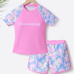 Pine Active Half Sleeves Two Piece Swimsuit Splash Print- Pink-image-58