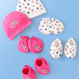 Doodle Poodle 100% Cotton Knit Cap Mittens & Booties Set Floral  Print Pack of 2 Pink & White - Diameter 12 cm-image-90