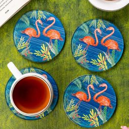 Kolorobia Tropical Rain Forest World Flamingo Inspired Round Glass Coaster- Blue-image-9