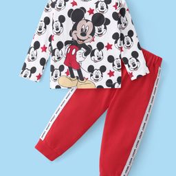 Babyhug Disney Cotton Knit Full Sleeves Night Suit With Mickey Mouse Graphics - White & Red-image-93