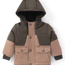 Babyhug Woven Full Sleeves Solid Color Padded Hooded Jacket with Cut & Sew Design - Beige-picture-14