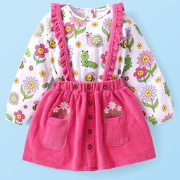 Babyhug Single Jersey Knit Full Sleeves Top & Skirt with Floral Print & Frill Detailing - Pink & White-image-64