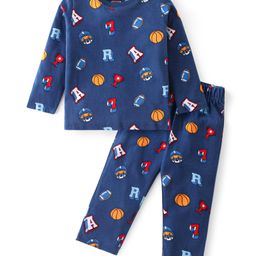Babyhug Cotton Knit Full Sleeves Night Suit with Animal & Baksetball Print - Navy Blue-image-83