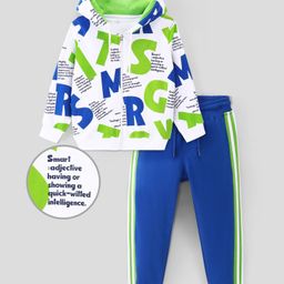 Ollington St. 100% Cotton Knit Full Sleeves Text Printed Hooded Front Zipper Sweatshirt & Joggers Set - White Green & Navy-picture-32