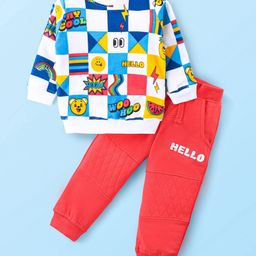 Babyhug Cotton Knit Full Sleeves Text Printed T-Shirt & Lounge Pants Set - Multicolor-image-11
