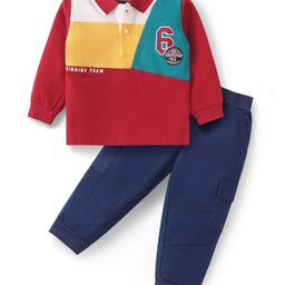 Babyhug Single Jersey Knit Full Sleeves Polo T-Shirt & Lounge Pant Set With Colour Block & Text Print - Red & Navy Blue-image-15