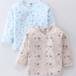 Pink Rabbit Sinker Knit Full Sleeves Front Open Vests Teddy Bear Print Pack of 2 - Beige & Sky Blue-22