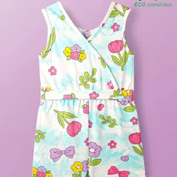 Babyoye Cotton Terry Knit Sleeveless Jumpsuit with Floral Print & Fabric Belt - White-picture-24