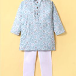 Ridokidz Full Sleeves Floral Printed Kurta Pyjama Set - Blue & White-image-91