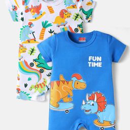 Babyhug 100% Cotton Knit Half Sleeves Dino Printed Rompers Pack of 2 - Blue & White-image-97