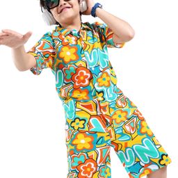 OLLINGTON ST. Cotton Printed Co-ord Set of Half Sleeves Shirt & Knit Shorts - Multicolor-image-58